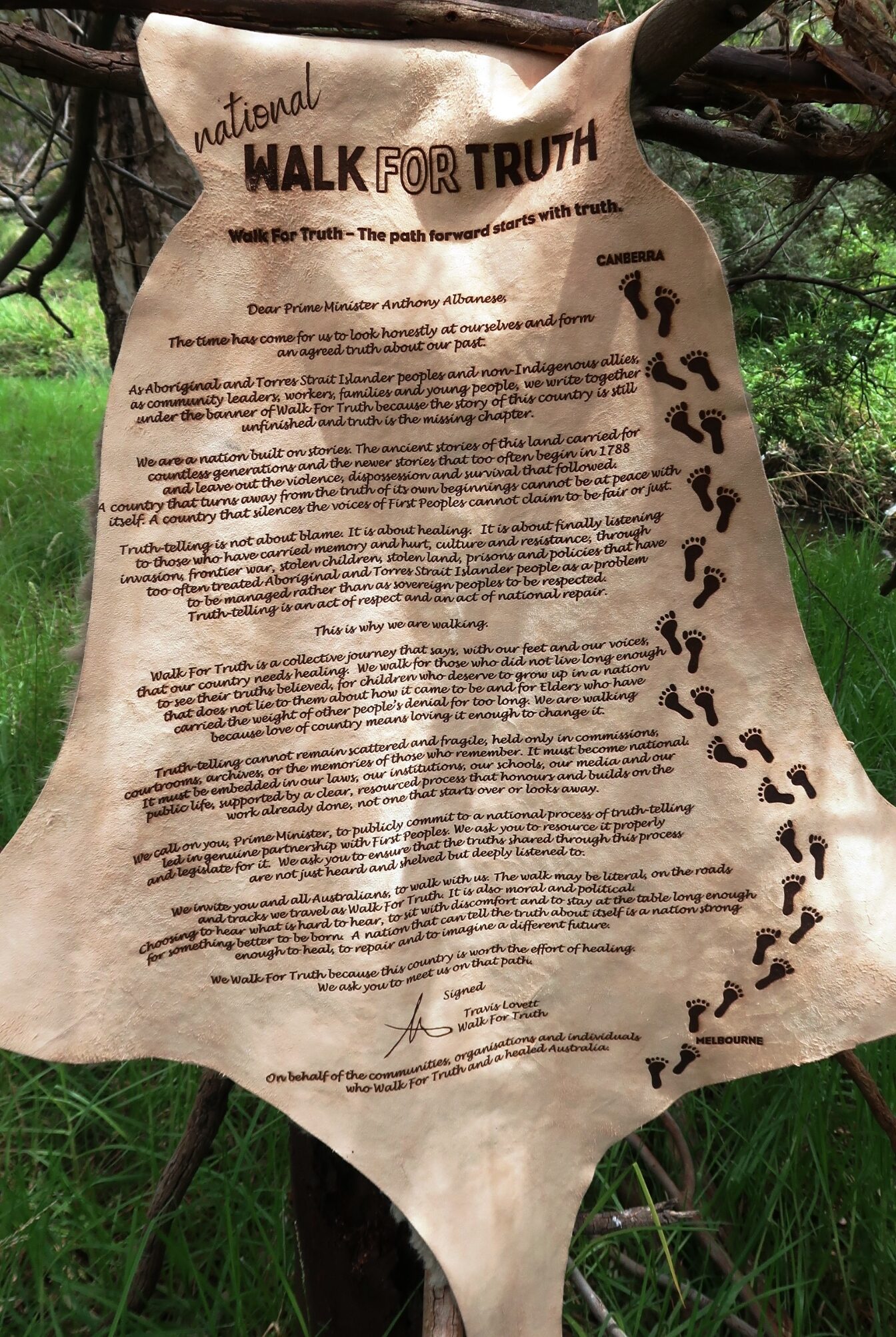 Letter to the Prime Minister on a Kangaroo skin.